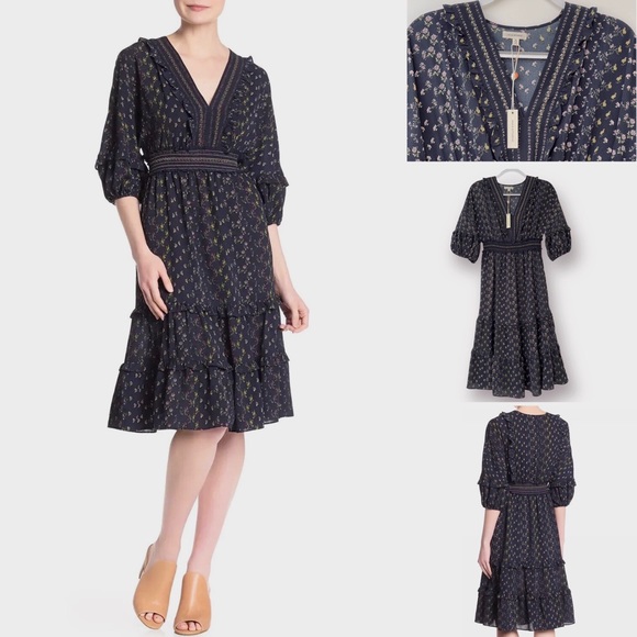 Max Studio Crepe Empire Waist Dress 3/4 Tiered Bubble Sleeves V-Neck Layered - Picture 8 of 13